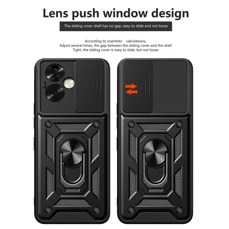 Obudowa do Oppo A79 5G / A2 5G, tylna pokrywa z podstawką obrotową PC+TPU z przesuwanym okienkiem na obiektyw - Srebrna
