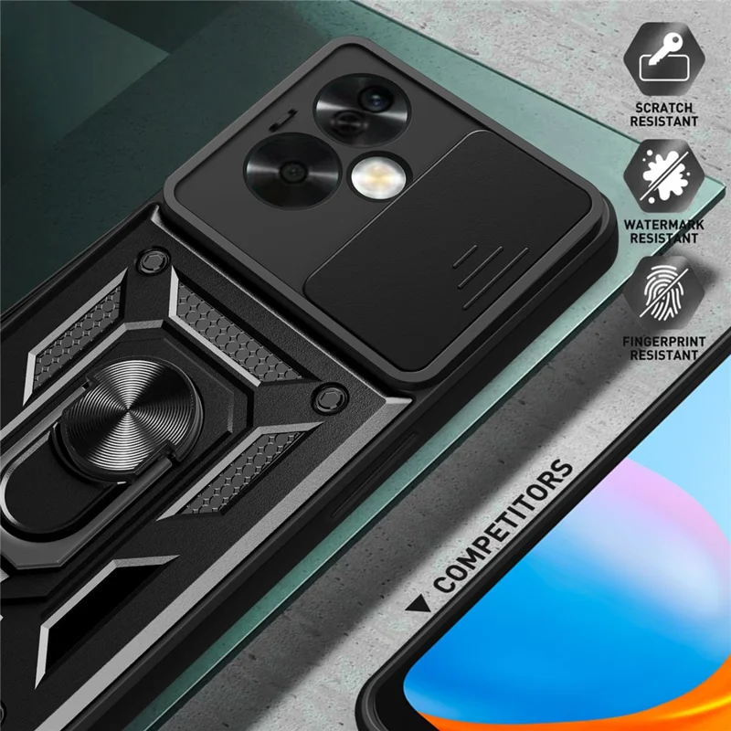 Obudowa do Oppo A79 5G / A2 5G, tylna pokrywa z podstawką obrotową PC+TPU z przesuwanym okienkiem na obiektyw - Srebrna