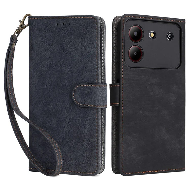 For ZTE Blade A54 Wallet Case Leather RFID Blocking Phone Cover with Hand Strap - Black