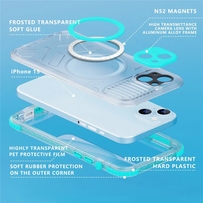 SHELLBOX CC Series For iPhone 15 IP68 Waterproof Phone Case Compatible with MagSafe Full Protection Cover - Lake Cyan
