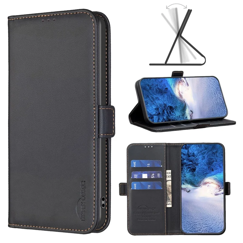 BINFEN COLOR BF31 For Xiaomi Redmi Note 13 4G Case with Wallet Stand PU Leather Flip Phone Cover - Black