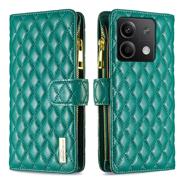 BINFEN COLOR BF Style-15 Para Xiaomi Redmi Note 13 4G Caso Couro Flip Bolso com Zíper Capa do Telefone - Verde