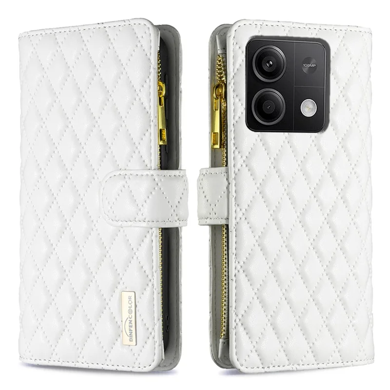 BINFEN COLOR BF Style-15 For Xiaomi Redmi Note 13 4G Case Leather Flip Zipper Pocket Phone Cover - White