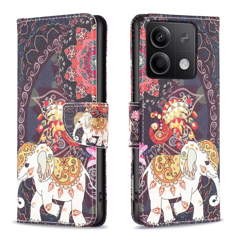 För Xiaomi Redmi Note 13 4G Skal med Blommönster i Läder, Vippskal - Blomma och Elefant
