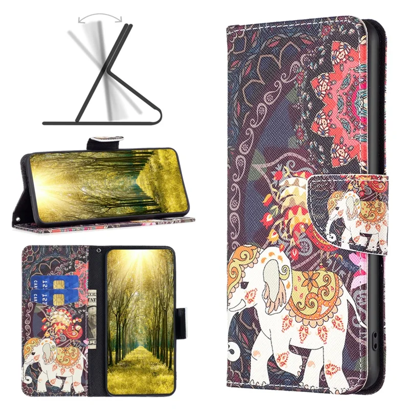 För Xiaomi Redmi Note 13 4G Skal med Blommönster i Läder, Vippskal - Blomma och Elefant