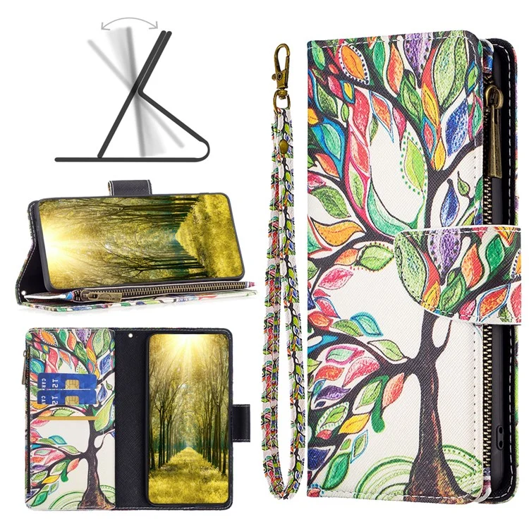 BF03 per Xiaomi Redmi Note 13 4G Custodia flip in pelle con cerniera con motivo stampato - Albero della vita