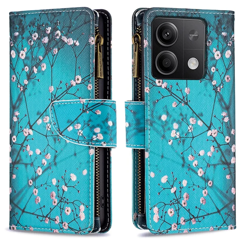 BF03 Für Xiaomi Redmi Note 13 4G Reißverschluss Leder Flip Cover Muster Bedrucktes Handyhülle - Pflaumenblüte