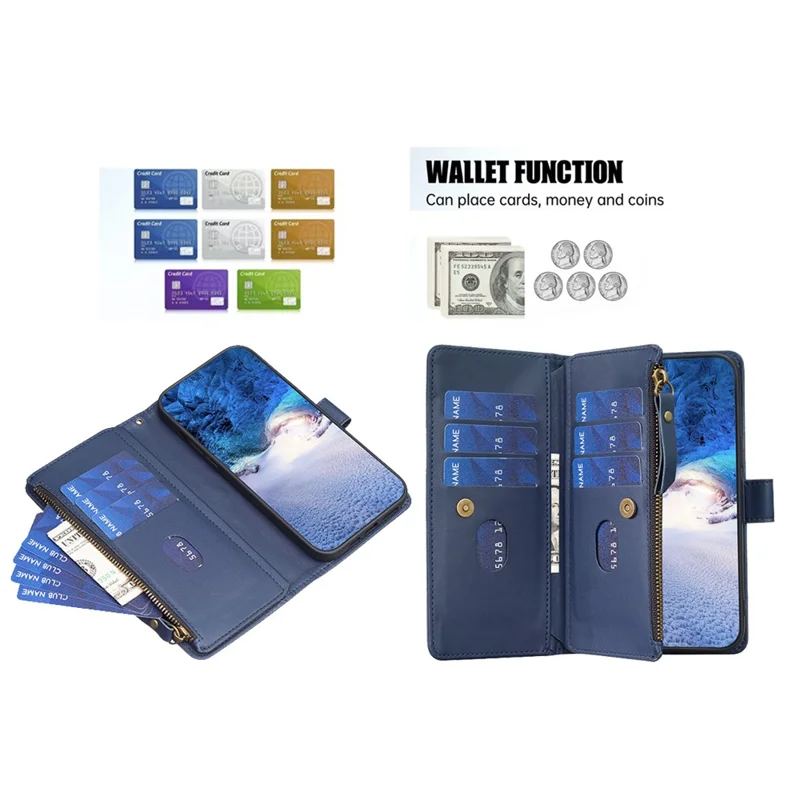 BF Style-19 for Xiaomi Redmi Note 13 4G Phone Case Viewing Stand Cover Zipper Handbag - Blue