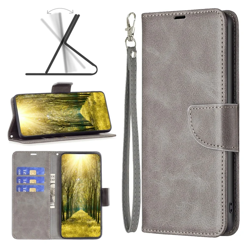 Para Xiaomi Redmi Note 13 4G Case Capa de Couro PU Alça de Pulso - Cinza