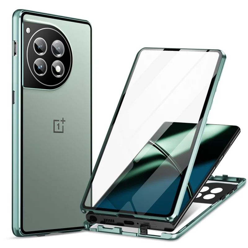For OnePlus 12 5G Tempered Glass Case Security Lock Full Body Protection Phone Cover - Dark Green