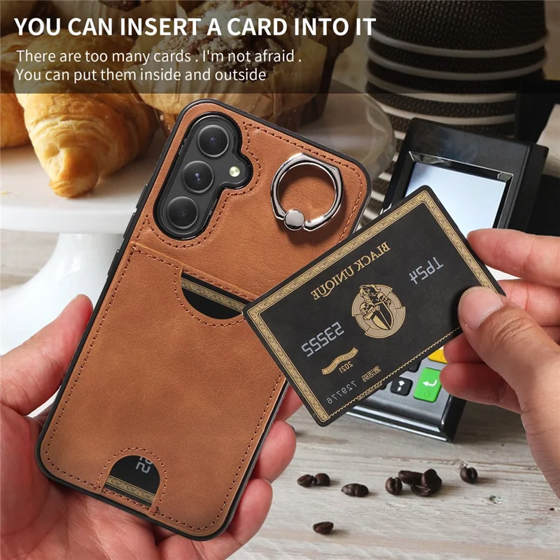 006 For Samsung Galaxy A54 5G Case Calf Texture Back Cover with Card Slot Kickstand - Brown