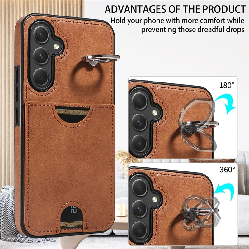 006 For Samsung Galaxy A54 5G Case Calf Texture Back Cover with Card Slot Kickstand - Brown