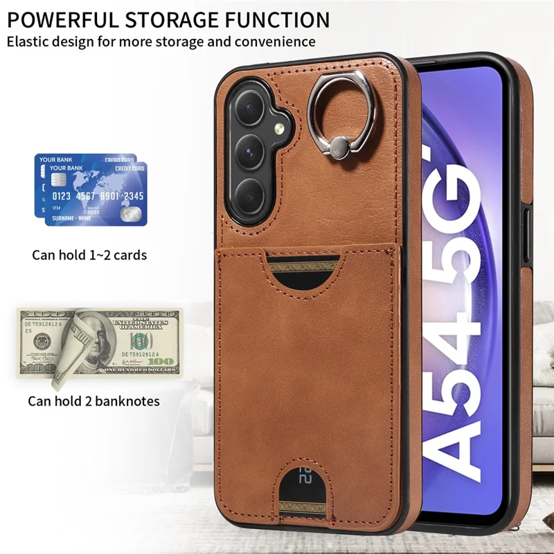006 For Samsung Galaxy A54 5G Case Calf Texture Back Cover with Card Slot Kickstand - Brown