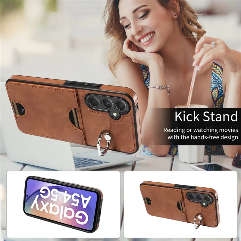006 For Samsung Galaxy A54 5G Case Calf Texture Back Cover with Card Slot Kickstand - Brown
