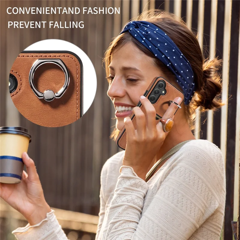 006 For Samsung Galaxy A54 5G Case Calf Texture Back Cover with Card Slot Kickstand - Brown