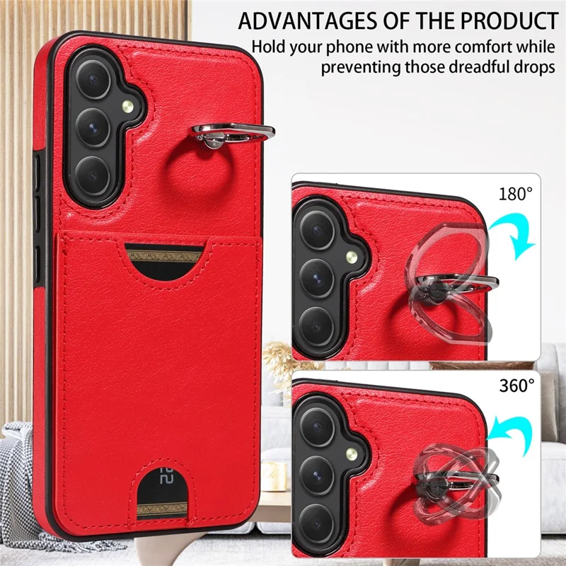 006 For Samsung Galaxy A54 5G Case Calf Texture Back Cover with Card Slot Kickstand - Red