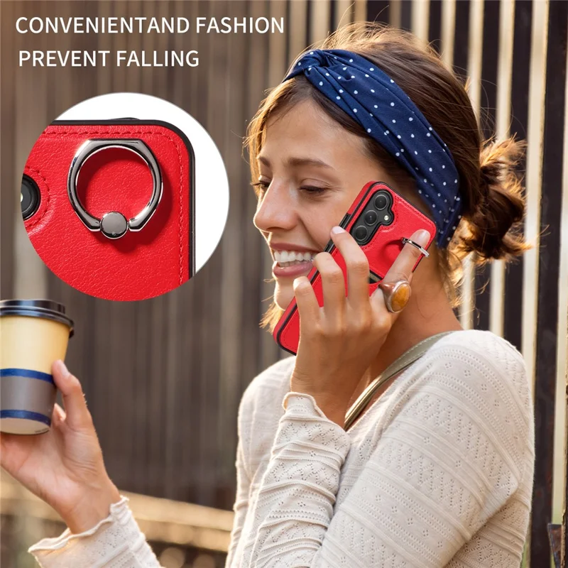 006 For Samsung Galaxy A54 5G Case Calf Texture Back Cover with Card Slot Kickstand - Red