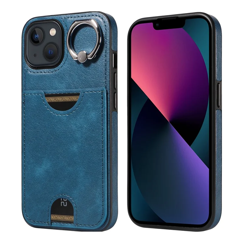 006 For iPhone 13 Case with Card Slot PU TPU Anti-drop Kickstand Phone Back Cover - Blue