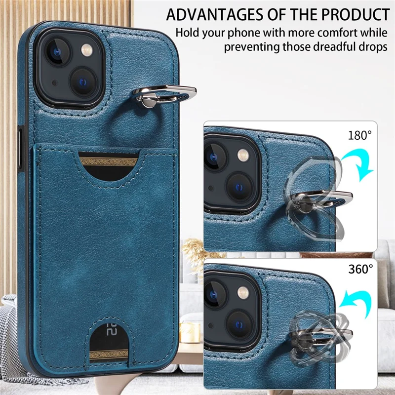 006 For iPhone 13 Case with Card Slot PU TPU Anti-drop Kickstand Phone Back Cover - Blue