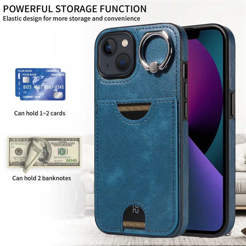 006 For iPhone 13 Case with Card Slot PU TPU Anti-drop Kickstand Phone Back Cover - Blue