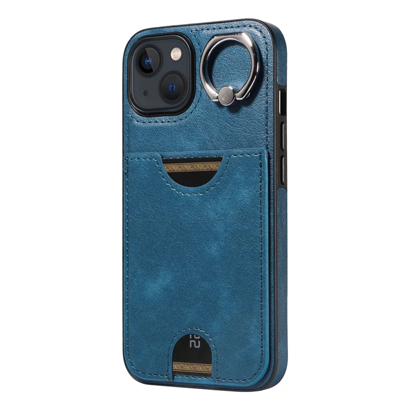 006 For iPhone 13 Case with Card Slot PU TPU Anti-drop Kickstand Phone Back Cover - Blue