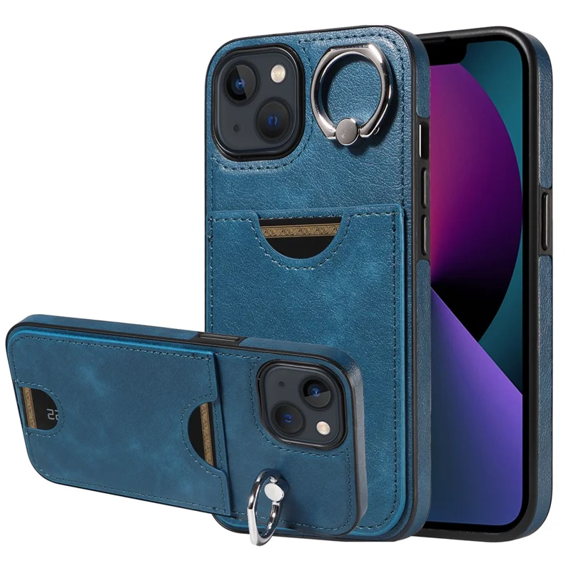 006 For iPhone 13 Case with Card Slot PU TPU Anti-drop Kickstand Phone Back Cover - Blue