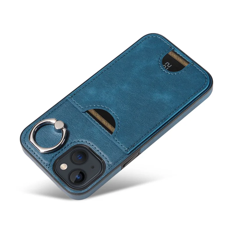 006 For iPhone 13 Case with Card Slot PU TPU Anti-drop Kickstand Phone Back Cover - Blue