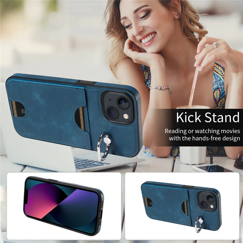 006 For iPhone 13 Case with Card Slot PU TPU Anti-drop Kickstand Phone Back Cover - Blue
