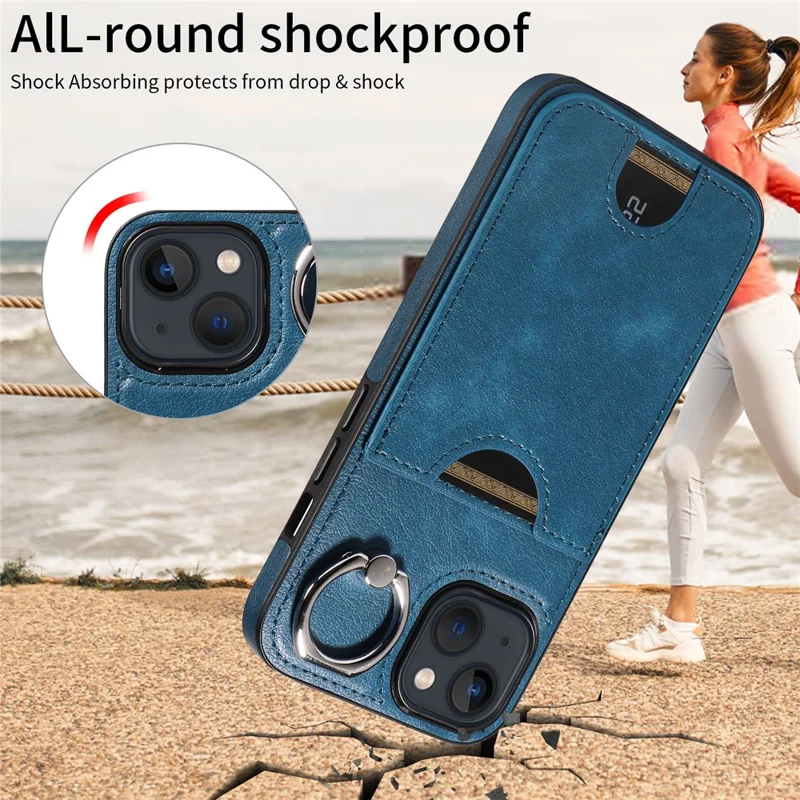 006 For iPhone 13 Case with Card Slot PU TPU Anti-drop Kickstand Phone Back Cover - Blue