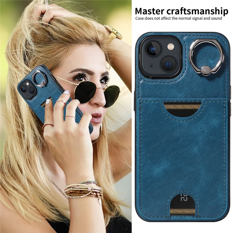 006 For iPhone 13 Case with Card Slot PU TPU Anti-drop Kickstand Phone Back Cover - Blue