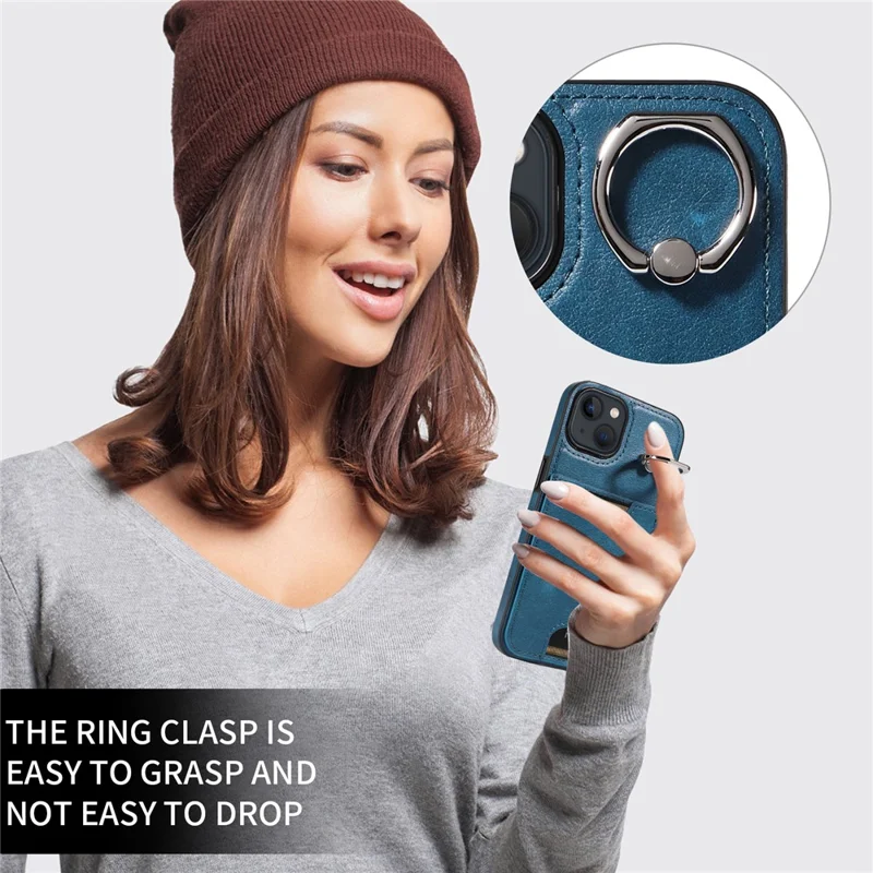 006 For iPhone 13 Case with Card Slot PU TPU Anti-drop Kickstand Phone Back Cover - Blue