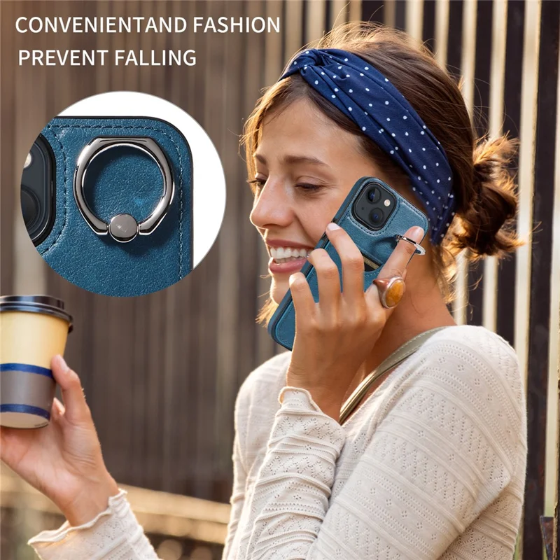 006 For iPhone 13 Case with Card Slot PU TPU Anti-drop Kickstand Phone Back Cover - Blue