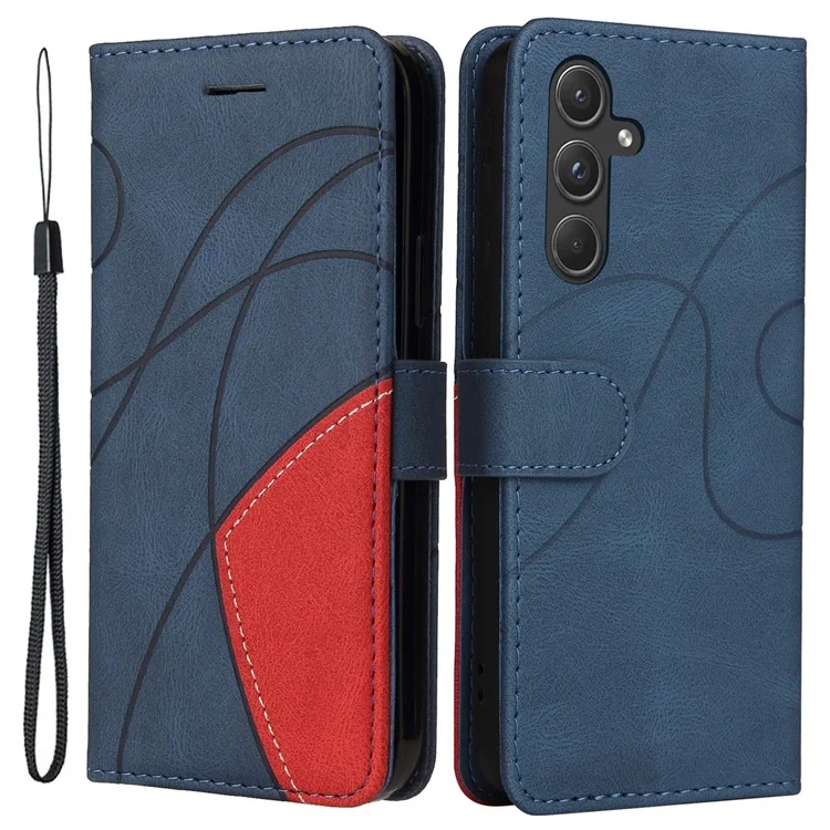 For Samsung Galaxy A55 5G Leather Case Wallet Stand Color Splicing Phone Cover - Blue