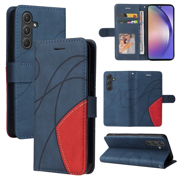 For Samsung Galaxy A55 5G Leather Case Wallet Stand Color Splicing Phone Cover - Blue