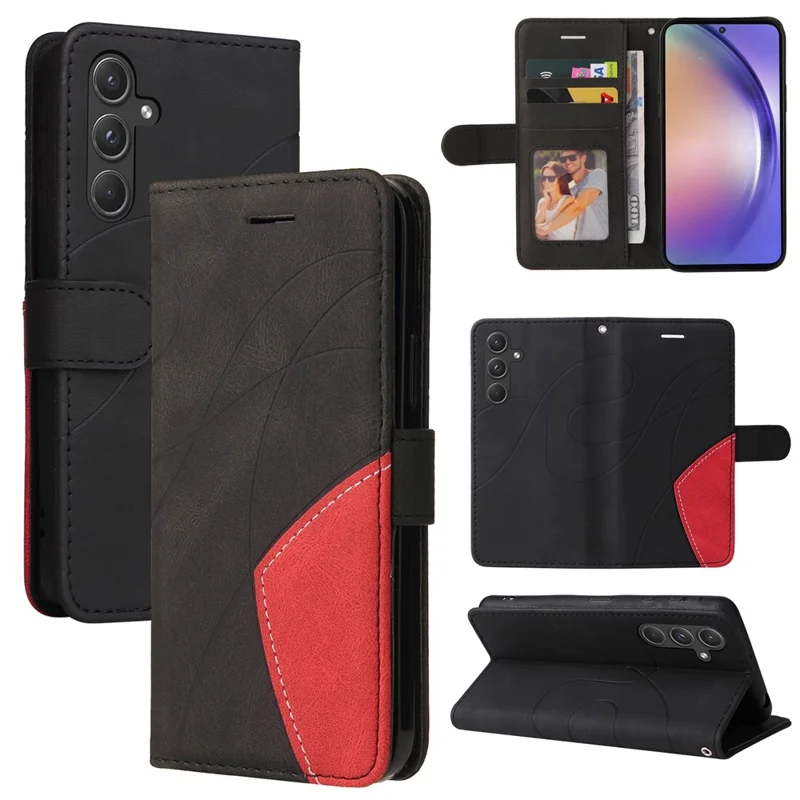 For Samsung Galaxy A55 5G Leather Case Wallet Stand Color Splicing Phone Cover - Black