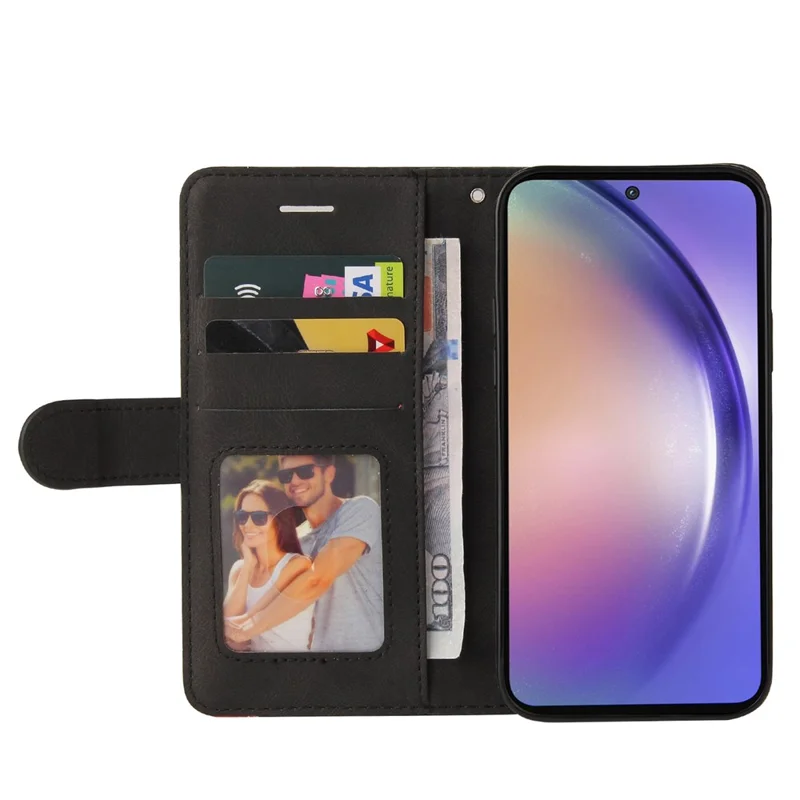 For Samsung Galaxy A55 5G Leather Case Wallet Stand Color Splicing Phone Cover - Black