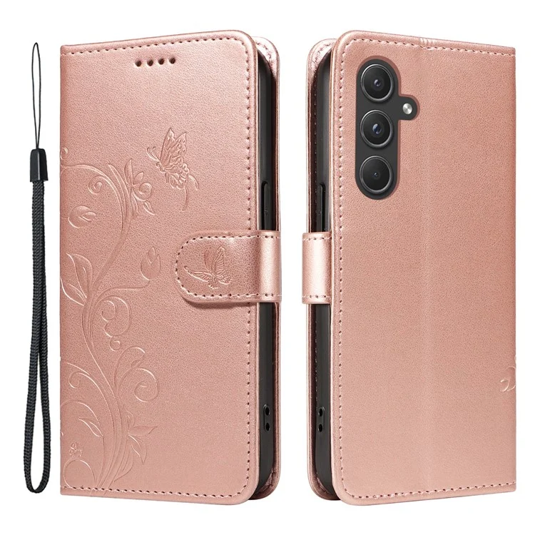 For Samsung Galaxy A55 5G PU Leather Cases Flower Pattern Wallet Stand Phone Cover with Strap - Rose Gold