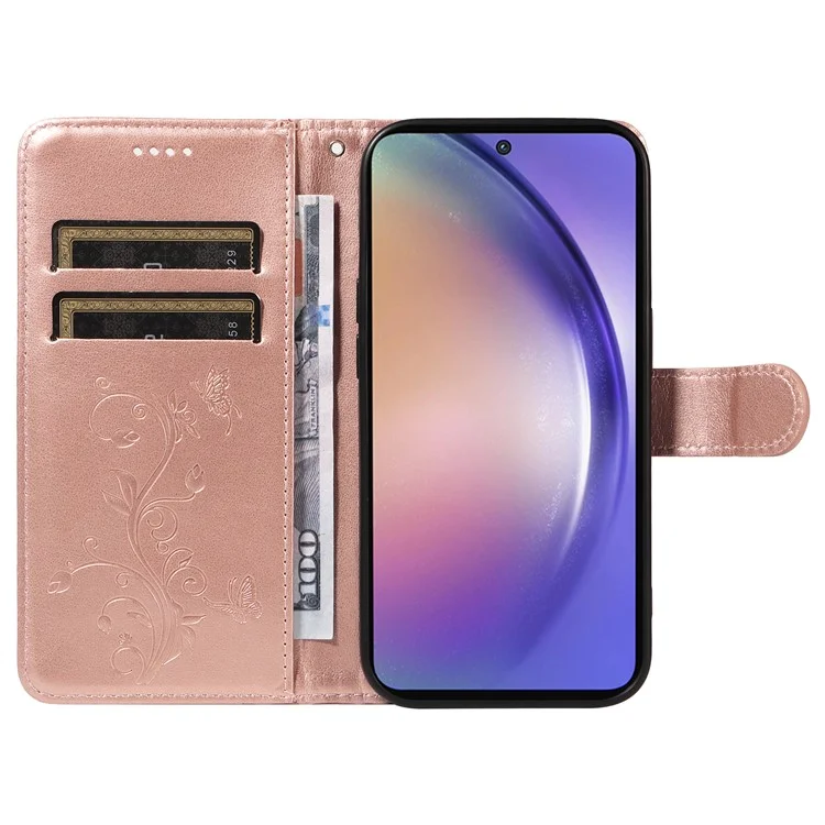 For Samsung Galaxy A55 5G PU Leather Cases Flower Pattern Wallet Stand Phone Cover with Strap - Rose Gold