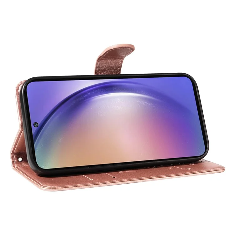 For Samsung Galaxy A55 5G PU Leather Cases Flower Pattern Wallet Stand Phone Cover with Strap - Rose Gold