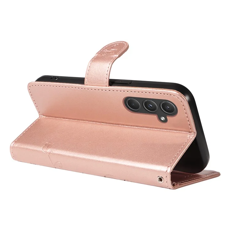 For Samsung Galaxy A55 5G PU Leather Cases Flower Pattern Wallet Stand Phone Cover with Strap - Rose Gold