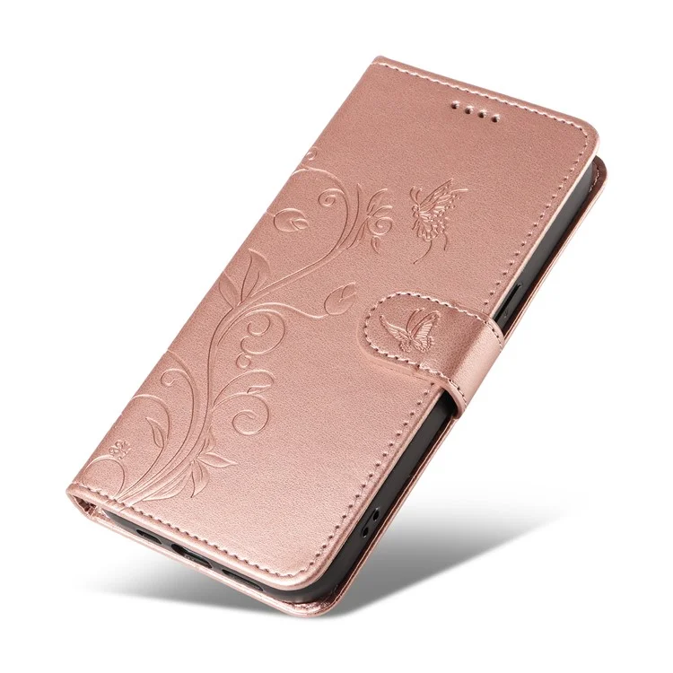 For Samsung Galaxy A55 5G PU Leather Cases Flower Pattern Wallet Stand Phone Cover with Strap - Rose Gold