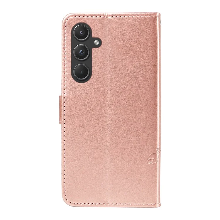 For Samsung Galaxy A55 5G PU Leather Cases Flower Pattern Wallet Stand Phone Cover with Strap - Rose Gold