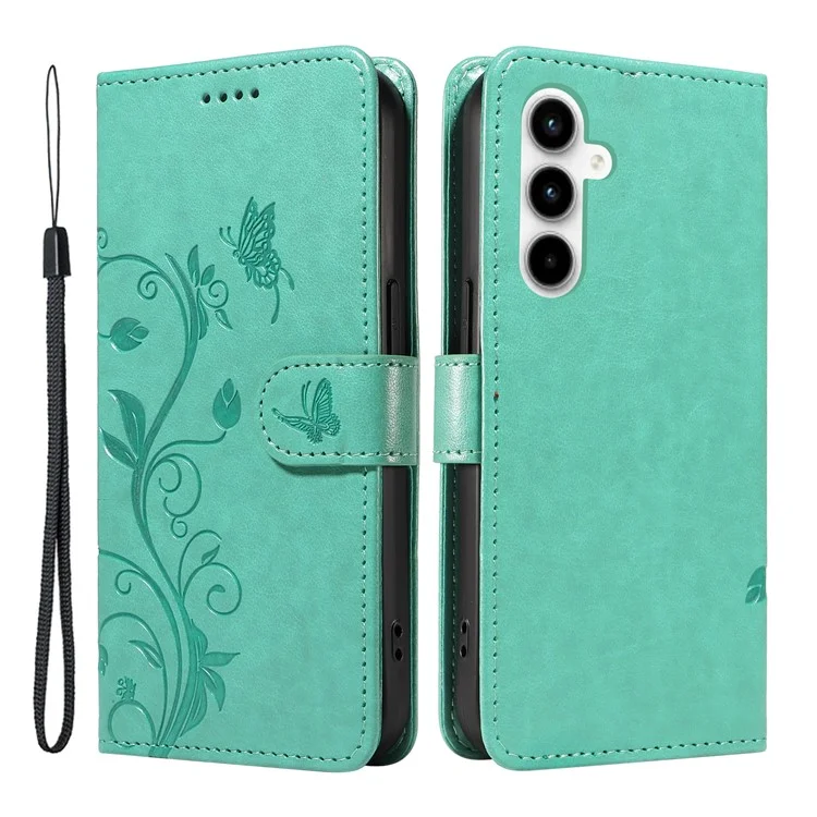 For Samsung Galaxy A35 5G PU Leather Cases Flower Pattern Wallet Stand Phone Cover with Strap - Green