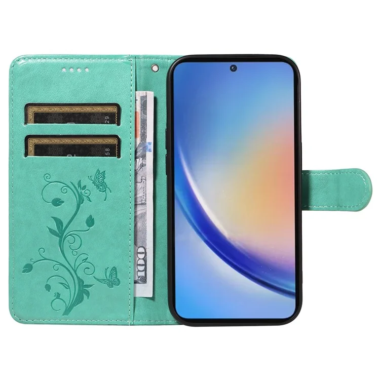 For Samsung Galaxy A35 5G PU Leather Cases Flower Pattern Wallet Stand Phone Cover with Strap - Green