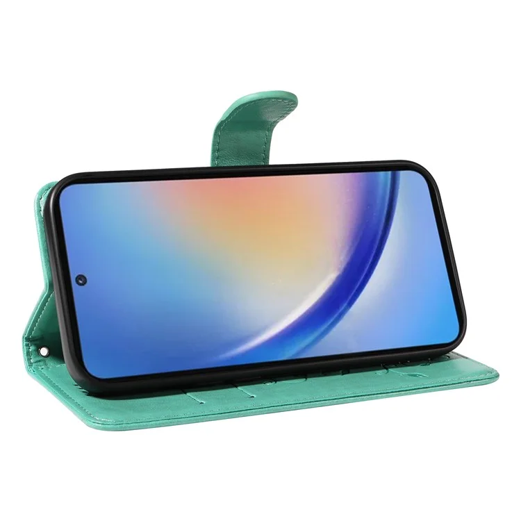 For Samsung Galaxy A35 5G PU Leather Cases Flower Pattern Wallet Stand Phone Cover with Strap - Green