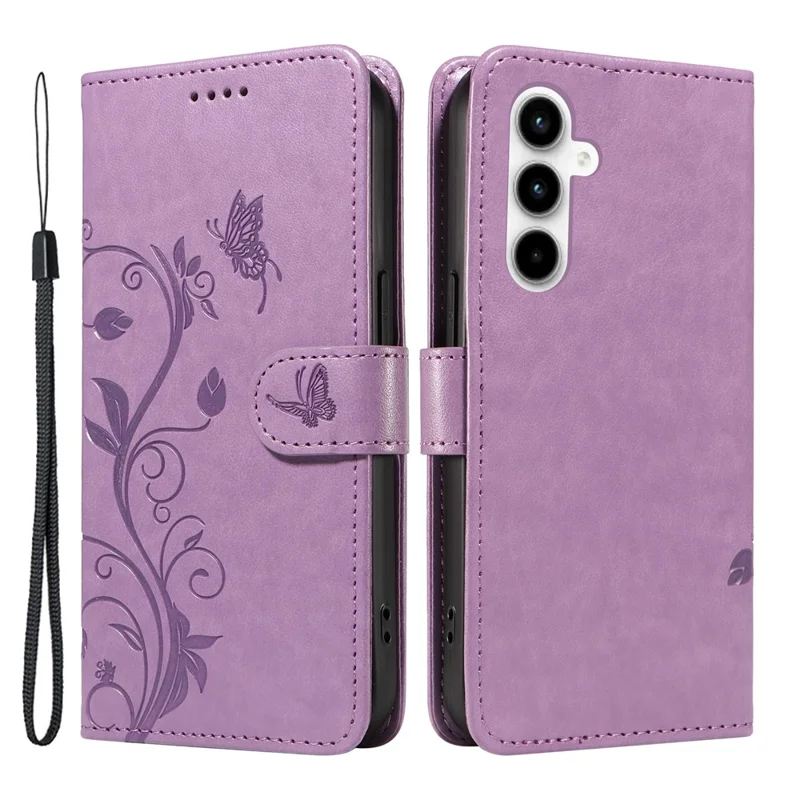 For Samsung Galaxy A35 5G PU Leather Cases Flower Pattern Wallet Stand Phone Cover with Strap - Purple