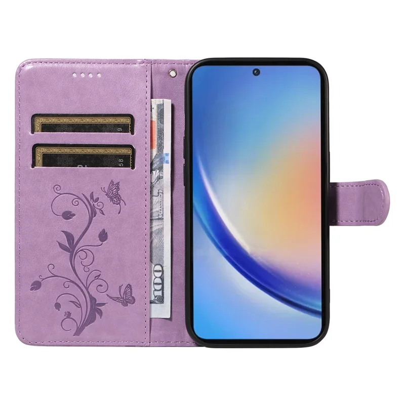 For Samsung Galaxy A35 5G PU Leather Cases Flower Pattern Wallet Stand Phone Cover with Strap - Purple