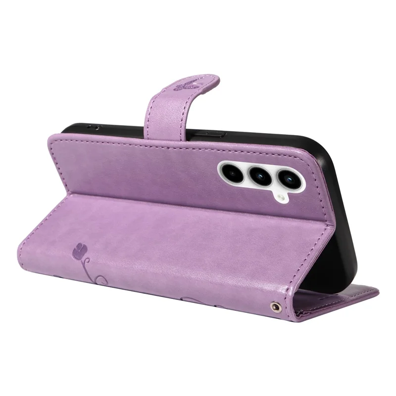 For Samsung Galaxy A35 5G PU Leather Cases Flower Pattern Wallet Stand Phone Cover with Strap - Purple
