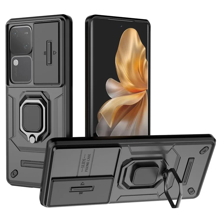 Für vivo S18 5G Case Stoßfeste PC + TPU-Rückabdeckung mit Schiebe-Kameradeckel - Schwarz