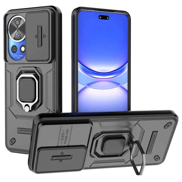 Para Huawei nova 12 Pro 5G / nova 12 Ultra 5G Capa de Slide Lens Lid PC+TPU Suporte Telefone Capa Traseira - Preto